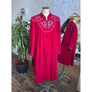 Vintage 70s Vanity Fair Pink Floral Robe Embroidered House Dress Fuchsia Mumu XL